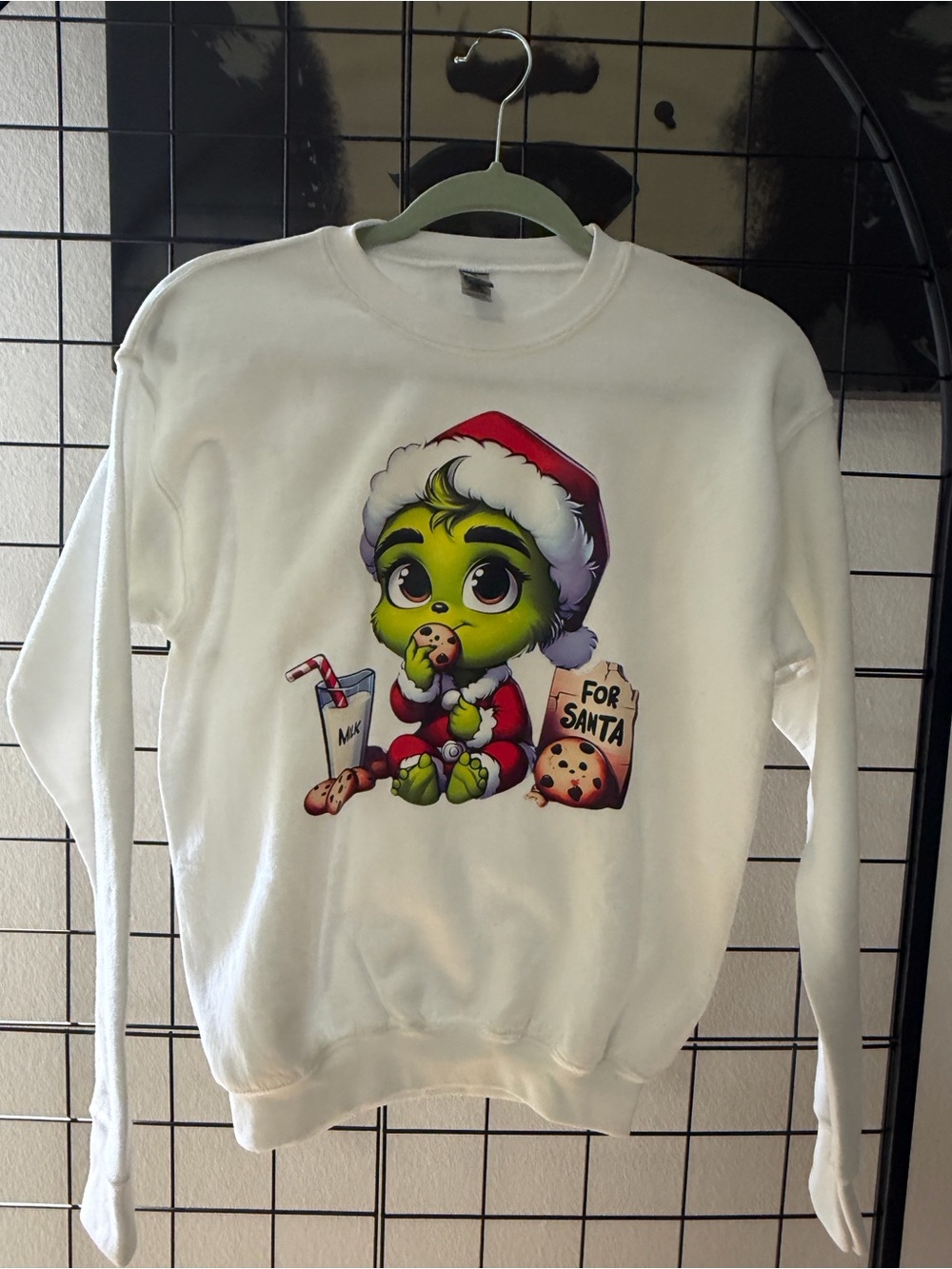 NWOT: Gildan White Sweatshirt with Cute Green Grinch in Santa Hat